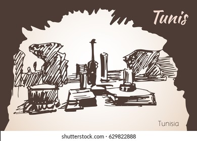 Tunisia old architecture sketch. Isolated on white background