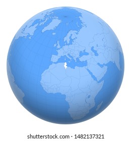 Tunisia on the globe. Earth centered at the location of the Republic of Tunisia. Map of Tunisia. Includes layer with capital cities.