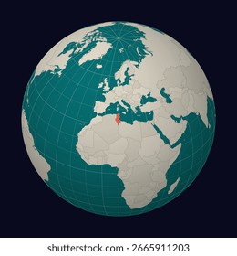 Túnez en el mapa. Globo centrado en Túnez. Ubicación de Country en el mapa mundial. Paleta de colores Teal Pale Mint. Globo con países, meridianos y paralelos. Ilustración vectorial viva.
