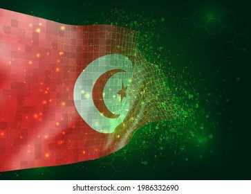 Tunisia, on vector 3d flag on green background with polygons and data numbers