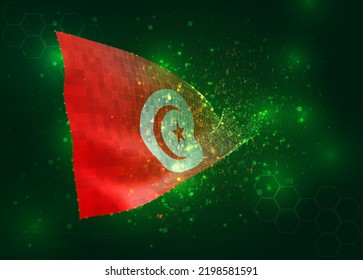Tunisia, on vector 3d flag on green background with polygons and data numbers