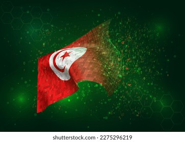 Tunisia, on vector 3d flag on green background with polygons and data numbers