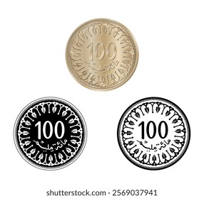 Tunisia one hundred millim vector coin on white isolated background. Reverse of Tunisia one hundred millim coin. The coin is depicted in black and white. Vector illustration.
