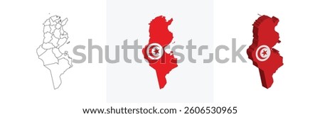 Tunisia outline, fill with flag and 3d map