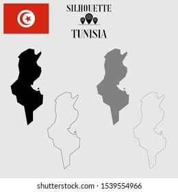 Tunisia outline world map, solid, dash line contour silhouette, national flag vector illustration design, isolated on background, objects, symbol from countries set