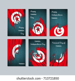 Tunisia Patriotic Cards for National Day. Expressive Brush Stroke in National Flag Colors on dark striped background. Tunisia Patriotic Vector Greeting Card.