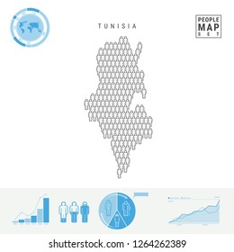 Tunisia People Icon Map. People Crowd in the Shape of a Map of Tunisia. Stylized Silhouette of Tunisia. Population Growth and Aging Infographic Elements. Vector Illustration Isolated on White.