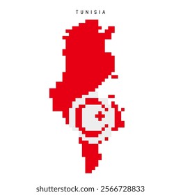 Tunisia pixel flag map icon. 8 bit pixel art Tunisian map covered with flag. Flat vector illustration isolated on white background.