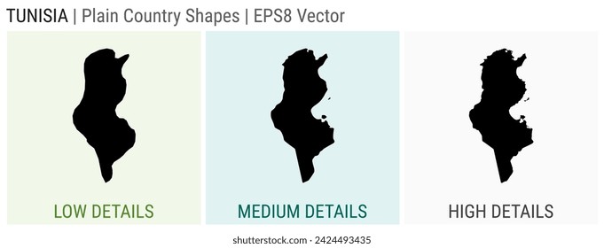 Tunisia - plain country shape. Low, medium, and high detailed maps of Tunisia. EPS8 Vector illustration.
