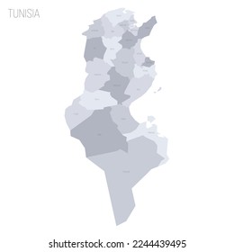 Tunisia political map of administrative divisions - governorates. Grey vector map with labels.