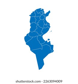 Tunisia political map of administrative divisions - governorates. Solid blue blank vector map with white borders.