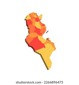 Tunisia political map of administrative divisions - governorates. 3D map in shades of orange color. svg