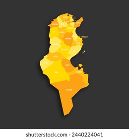 Tunesien politische Karte der administrativen Gräben - Gouvernements. Flache Vektor-Map mit gelben Schattierungen und abgeworfenen Schatten auf dunkelgrauem Hintergrund.