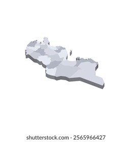 Tunisia political map of administrative divisions - governorates. 3D isometric blank vector map in shades of grey.