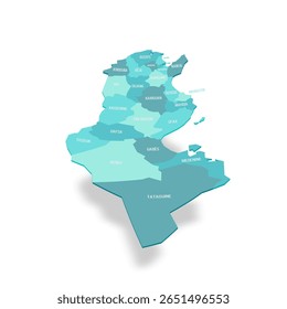 Tunísia mapa político de divisões administrativas - províncias. Mapa de vetor turquesa 3D com rótulos de nome.