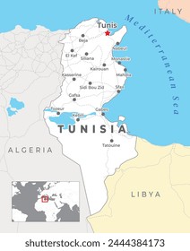 Tunesien Politische Karte mit Hauptstadt Tunis, die wichtigsten Städte mit nationalen Grenzen