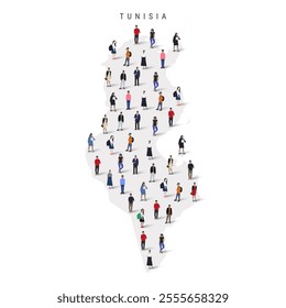 Tunisia population map. Large group of realistic a diverse crowd of people figures in a shape of Tunisian map. Flat vector illustration isolated on white.