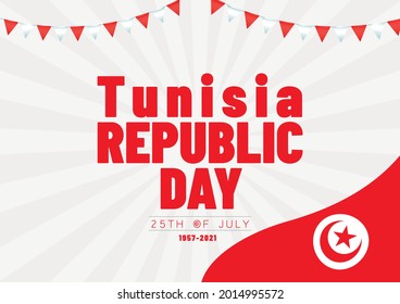 Tunisia Republic Day , greeting card on sunburst background with Tunisia  curved flag and  red and white garlands, national day, celebration festival - Vector illustration.