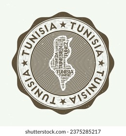 Tunisia seal. Country round logo with shape of Tunisia and country name in multiple languages word cloud. Amazing emblem. Powerful vector illustration.