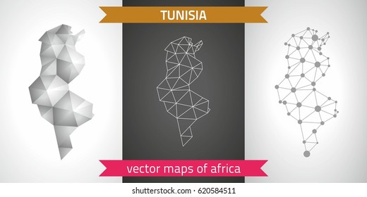 Tunisia set of grey and silver mosaic 3d polygonal maps. Graphic vector triangle geometry outline shadow perspective maps