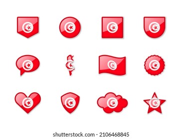 Tunisia - set of shiny flags of different shapes. Vector illustration