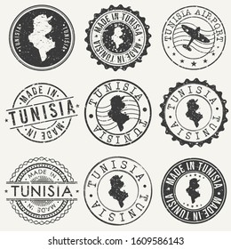 Tunisia Set of Stamps. Travel Stamp. Made In Product. Design Seals Old Style Insignia.