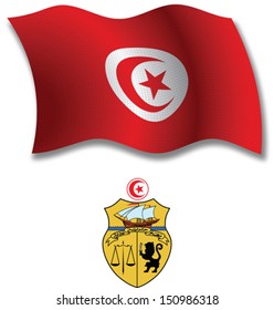 tunisia shadowed textured wavy flag and coat of arms against white background, vector art illustration, image contains transparency transparency