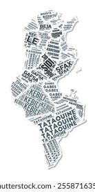 Tunisia shape text cloud. Country border with shadow on white background. Tunisia with regions division in vintage gazette style. Stylish vector illustration.