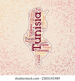 Tunisia shape whith country names word cloud in multiple languages. Tunisia border map on neat triangles scattered around. Powerful vector illustration.