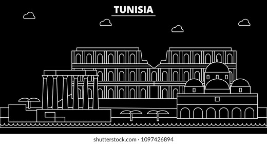 Tunisia silhouette skyline, vector city, tunisian linear architecture, buildings. Tunisia travel illustration, outline landmarkflat icon, tunisian line banner