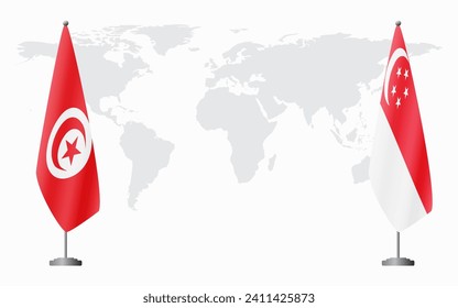 Tunisia and Singapore flags for official meeting against background of world map.