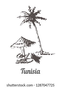 Tunisia skyline hand drawn. Tunisia palm beach sketch style vector illustration.Isolated on white background.