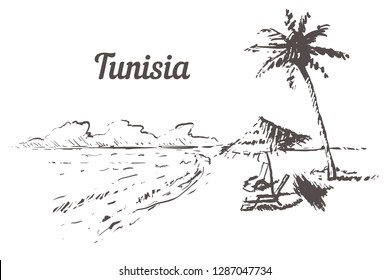 Tunisia skyline hand drawn.Tunisia palm beach sketch style vector illustration.Isolated on white background.