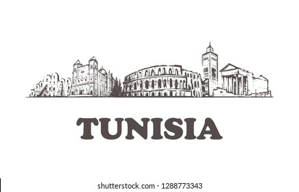 Tunisia skyline,Tunis vintage vector illustration, hand drawn buildings.Isolated on white background.