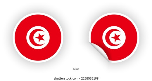 Bandera de emoticones de Túnez en forma de círculo y forma de círculo con la despegadura en la esquina sobre fondo blanco.