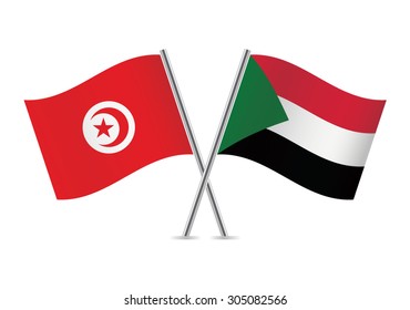 Tunisia and Sudan crossed flags. Tunisian and Sudanese flags on white background. Vector illustration.