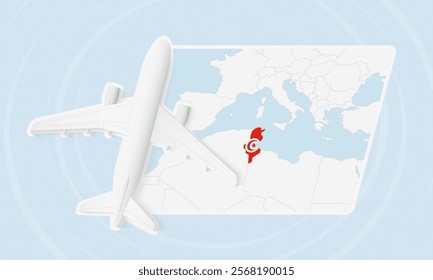 Tunisia Travel Illustration with Plane and National Flag. Ideal for travel agencies, promotional materials, or geographic content related to Tunisia.