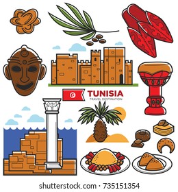 Tunisia travel tourism famous symbols and tourist culture landmarks vector icons