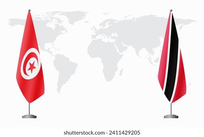 Tunisia and Trinidad and Tobago flags for official meeting against background of world map.
