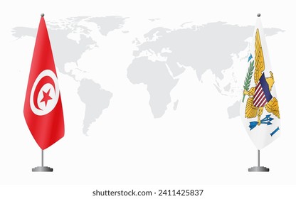 Tunisia and United States Virgin Islands flags for official meeting against background of world map.