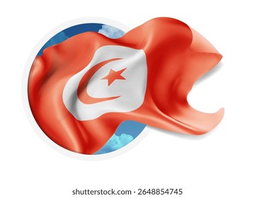 Tunisia, vector 3d flag against a blue sky, through a round hole on a white background