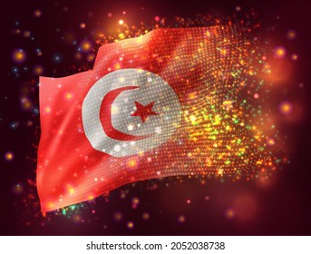Tunisia, vector 3d flag on pink purple background with lighting and flares