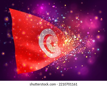 Tunisia, vector 3d flag on pink purple background with lighting and flares