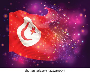 Túnez, bandera vectorial 3d sobre fondo púrpura rosa con iluminación y bengalas