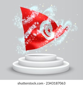 Tunisia, vector 3d flag on the podium surrounded by a whirlwind of magical radiance