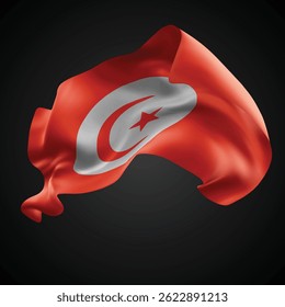 Tunisia, vector 3d flag with waves on a black background