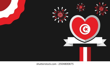 Tunisia vector banner design illustration with flag colors, geometric shapes and typography. fireworks and ribbon elements.