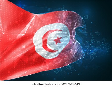 Tunesien, Vektorflagge, virtuelles abstraktes 3D-Objekt aus dreieckigen Polygonen auf blauem Hintergrund