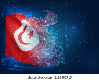 Tunisia,  vector flag, virtual abstract 3D object from triangular polygons on a blue background