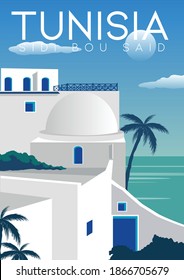 Tunisia Vector Illustration Background. Travel to Sidi Bou Said tunisia. Flat Cartoon Vector Illustration in Colored Style.